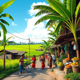 A vibrant street scene depicting a traditional Indonesian village, lush green rice fields in the background, locals wearing colorful Batik clothing, engaging in everyday activities such as farming and chatting, with a clear blue sky overhead