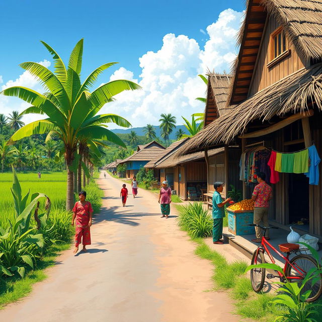 A vibrant street scene depicting a traditional Indonesian village, lush green rice fields in the background, locals wearing colorful Batik clothing, engaging in everyday activities such as farming and chatting, with a clear blue sky overhead