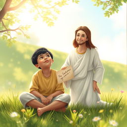 A serene depiction of a young boy sitting alone in a peaceful setting, looking upward with a gentle expression