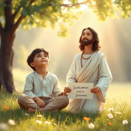 A serene depiction of a young boy sitting alone in a peaceful setting, looking upward with a gentle expression