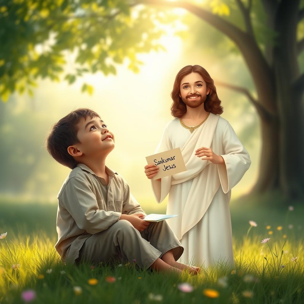 A serene depiction of a young boy sitting alone in a peaceful setting, looking upward with a gentle expression