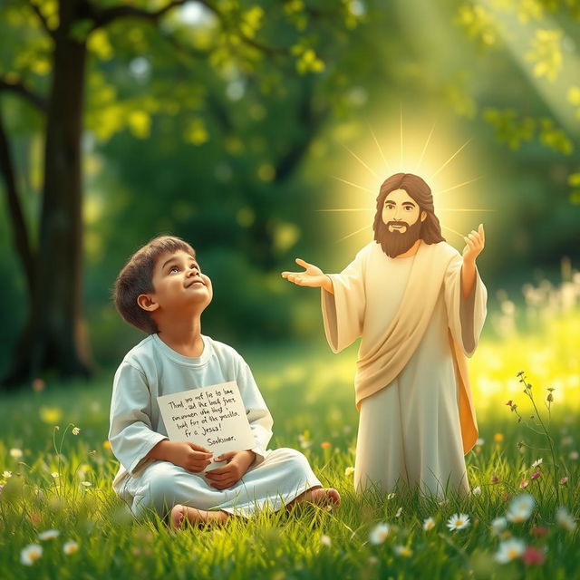 A serene depiction of a young boy sitting alone in a peaceful setting, looking upward with a gentle expression