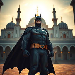 Batman in the Jamkaran Mosque, dressed in a traditional Batman suit with a flowing cape, standing heroically in front of the grand architecture of the mosque
