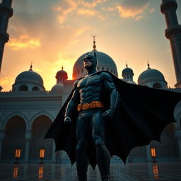Batman in the Jamkaran Mosque, dressed in a traditional Batman suit with a flowing cape, standing heroically in front of the grand architecture of the mosque