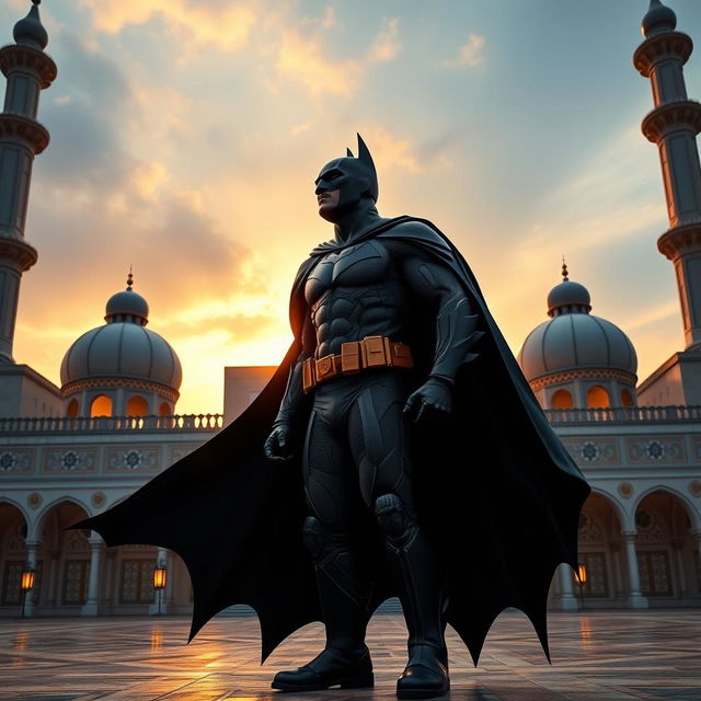 Batman in the Jamkaran Mosque, dressed in a traditional Batman suit with a flowing cape, standing heroically in front of the grand architecture of the mosque