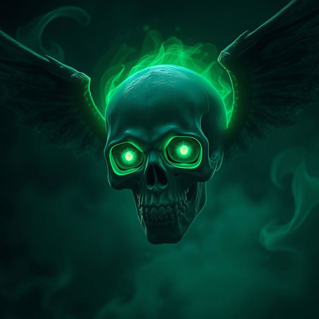 A surreal flying skull enveloped in a radiant green necrotic aura