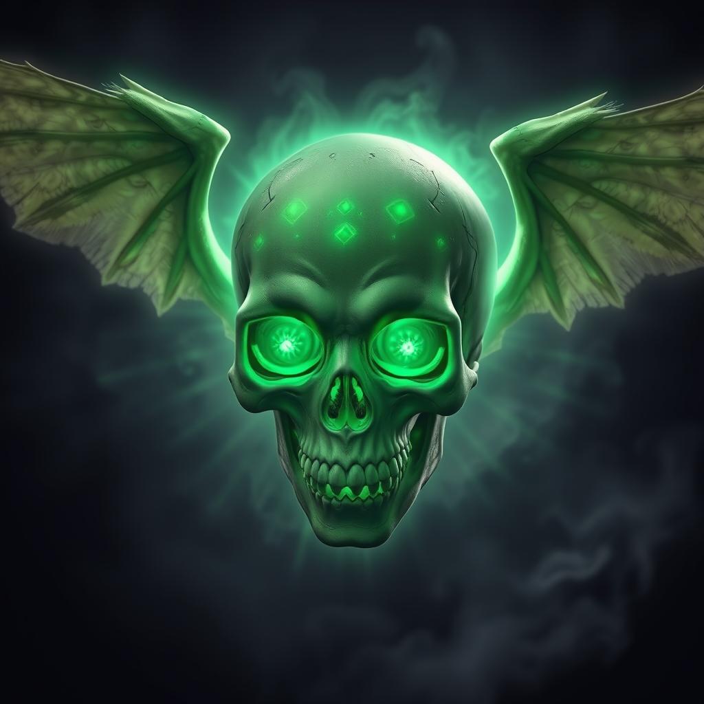 A surreal flying skull enveloped in a radiant green necrotic aura