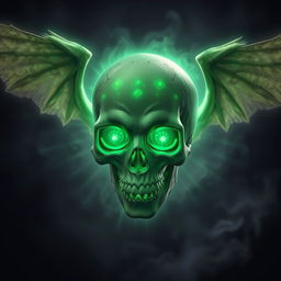 A surreal flying skull enveloped in a radiant green necrotic aura