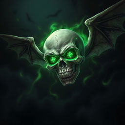 A sinister flying skull surrounded by a glowing green necrotic aura, with no wings