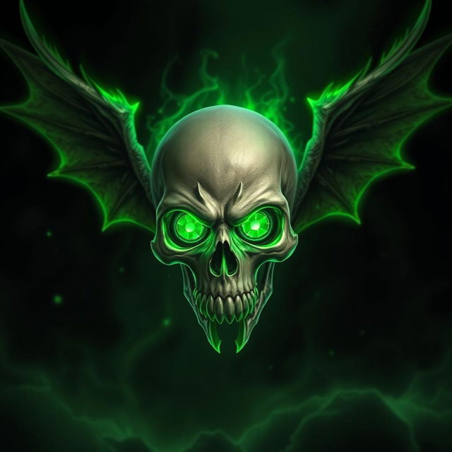 A sinister flying skull surrounded by a glowing green necrotic aura, with no wings