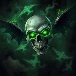 A sinister flying skull surrounded by a glowing green necrotic aura, with no wings
