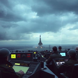 An alternate history scene depicting a tense moment during the Cold War, with a realistic atmosphere showcasing a nuclear missile launch facility surrounded by military personnel