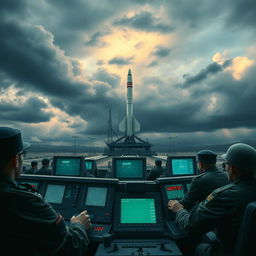 An alternate history scene depicting a tense moment during the Cold War, with a realistic atmosphere showcasing a nuclear missile launch facility surrounded by military personnel