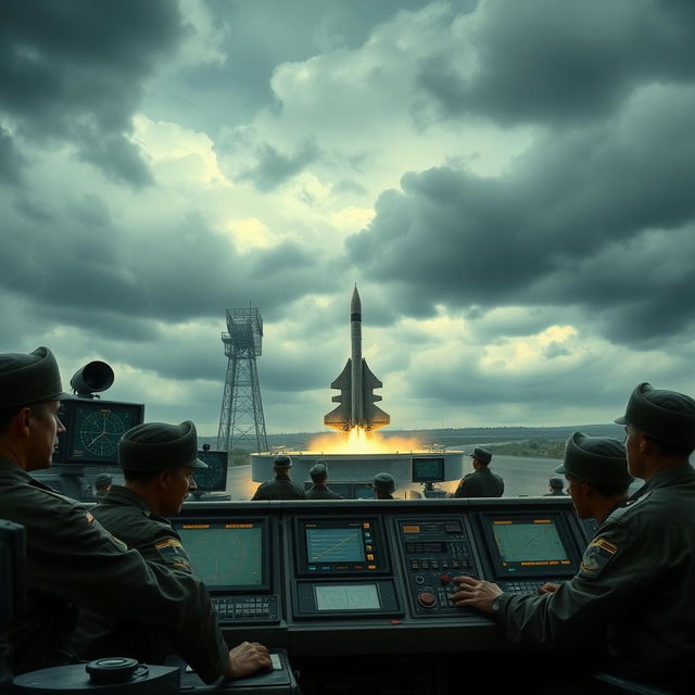 An alternate history scene depicting a tense moment during the Cold War, with a realistic atmosphere showcasing a nuclear missile launch facility surrounded by military personnel