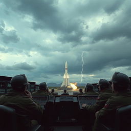 An alternate history scene depicting a tense moment during the Cold War, with a realistic atmosphere showcasing a nuclear missile launch facility surrounded by military personnel