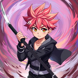 A dynamic portrait of an anime boy with vibrant spiky hair, standing confidently with a katana in hand