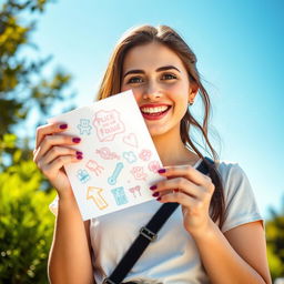 A young woman holding a sheet of paper with a bright smile, dressed in a casual, stylish outfit