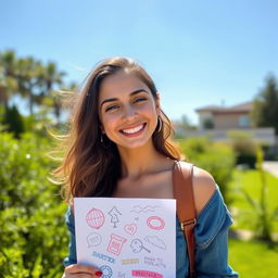 A young woman holding a sheet of paper with a bright smile, dressed in a casual, stylish outfit