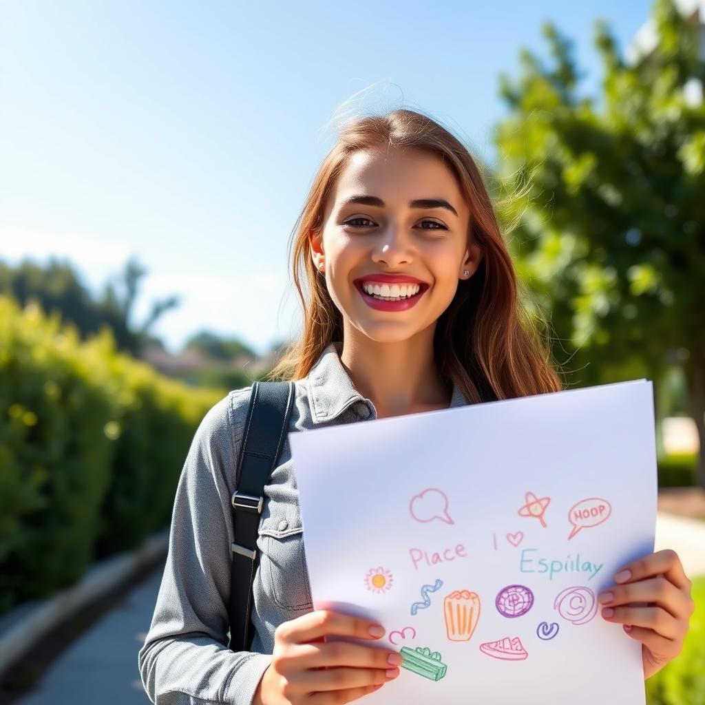 A young woman holding a sheet of paper with a bright smile, dressed in a casual, stylish outfit