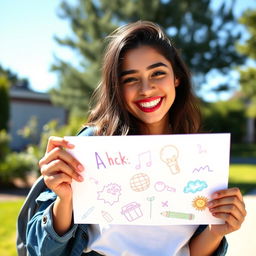 A young woman holding a sheet of paper with a bright smile, dressed in a casual, stylish outfit