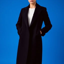 A person wearing a stylish black coat, standing confidently against a vibrant blue background