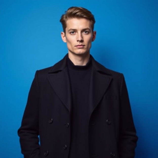 A person wearing a stylish black coat, standing confidently against a vibrant blue background