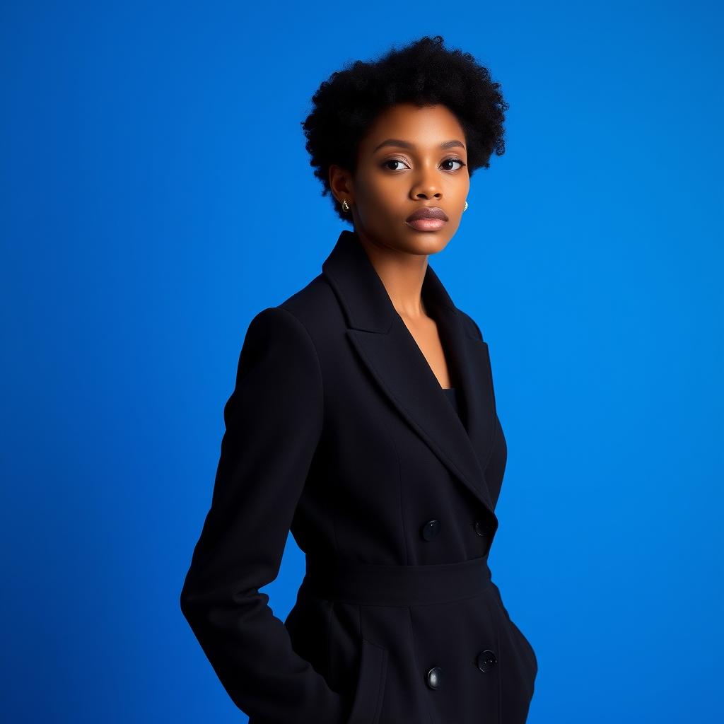 A person wearing a stylish black coat, standing confidently against a vibrant blue background