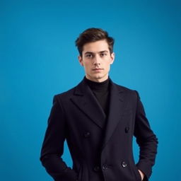 A person wearing a stylish black coat, standing confidently against a vibrant blue background