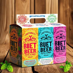 A visually appealing packaging design for a four-pack of craft beers, featuring unique artwork that represents the different flavors inside