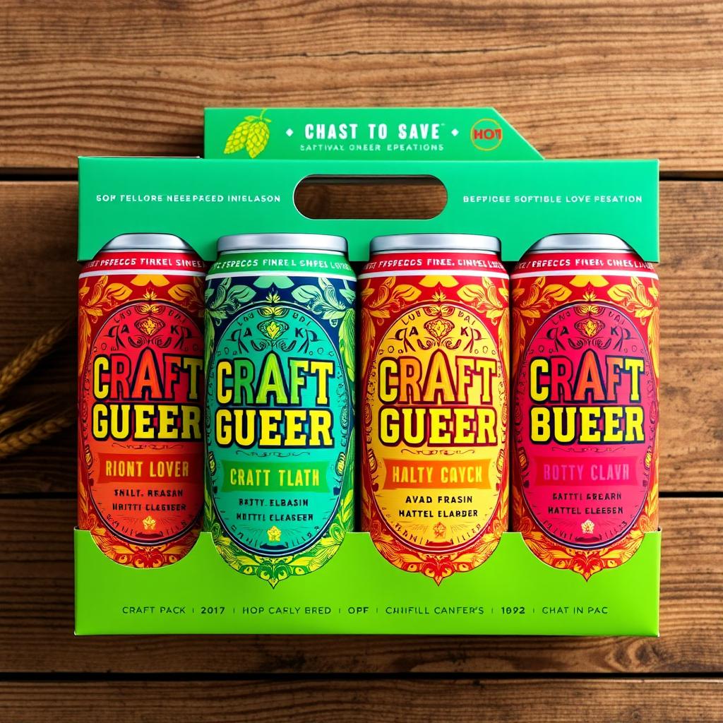 A visually appealing packaging design for a four-pack of craft beers, featuring unique artwork that represents the different flavors inside