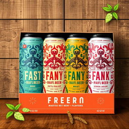 A visually appealing packaging design for a four-pack of craft beers, featuring unique artwork that represents the different flavors inside