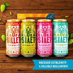 A visually appealing packaging design for a four-pack of craft beers, featuring unique artwork that represents the different flavors inside