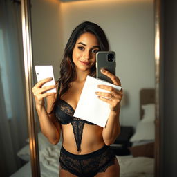A young brunette woman wearing black lingerie, confidently taking a selfie in the mirror while holding a sheet of paper