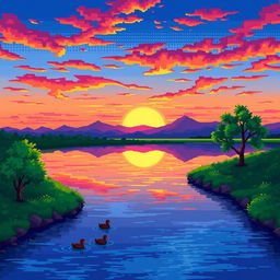 A stunning pixel art landscape featuring a tranquil river at sunset