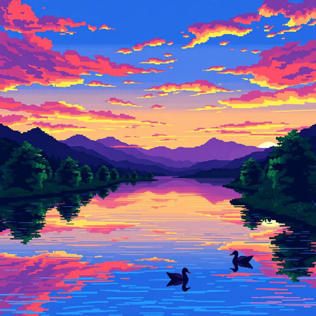 A stunning pixel art landscape featuring a tranquil river at sunset