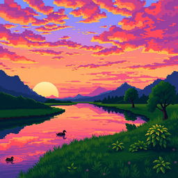 A stunning pixel art landscape featuring a tranquil river at sunset