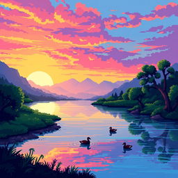 A stunning pixel art landscape featuring a tranquil river at sunset