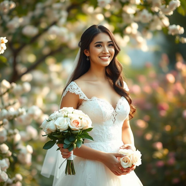 A beautiful bride-to-be portrait, featuring a stunning young woman with long flowing dark hair, wearing an elegant white lace wedding dress with intricate detailing