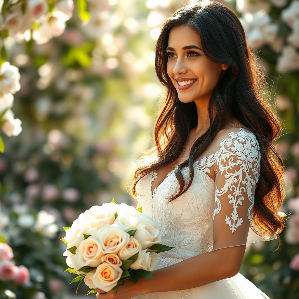 A beautiful bride-to-be portrait, featuring a stunning young woman with long flowing dark hair, wearing an elegant white lace wedding dress with intricate detailing