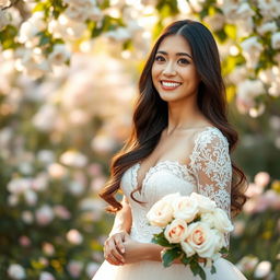 A beautiful bride-to-be portrait, featuring a stunning young woman with long flowing dark hair, wearing an elegant white lace wedding dress with intricate detailing