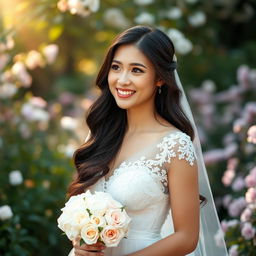A beautiful bride-to-be portrait, featuring a stunning young woman with long flowing dark hair, wearing an elegant white lace wedding dress with intricate detailing