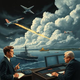 A dramatic historical illustration of the Cuban Missile Crisis, depicting a tense standoff between American and Soviet military forces in the early 1960s