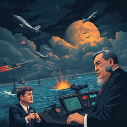 A dramatic historical illustration of the Cuban Missile Crisis, depicting a tense standoff between American and Soviet military forces in the early 1960s