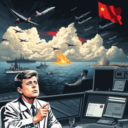 A dramatic historical illustration of the Cuban Missile Crisis, depicting a tense standoff between American and Soviet military forces in the early 1960s