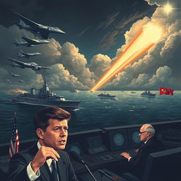 A dramatic historical illustration of the Cuban Missile Crisis, depicting a tense standoff between American and Soviet military forces in the early 1960s