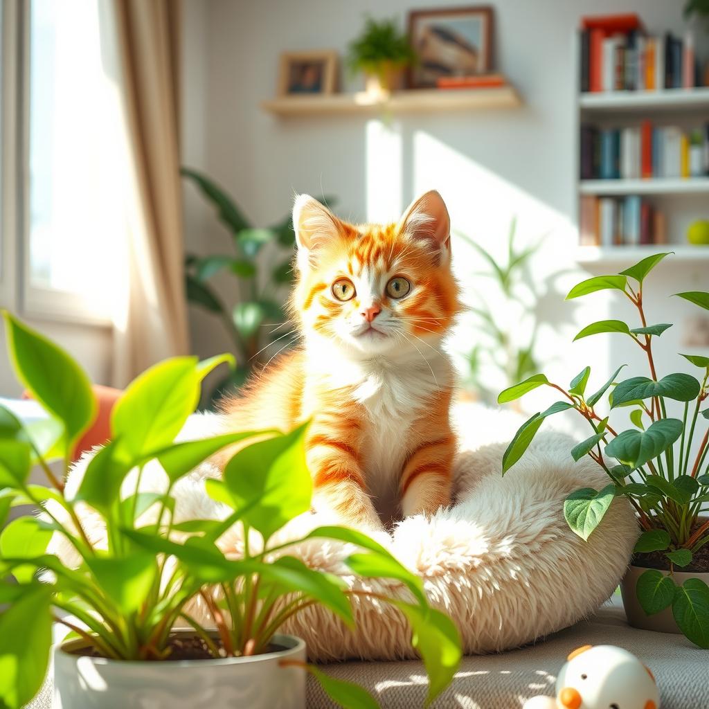 A cute cat sitting comfortably on a fluffy pillow, surrounded by vibrant indoor plants