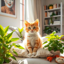 A cute cat sitting comfortably on a fluffy pillow, surrounded by vibrant indoor plants