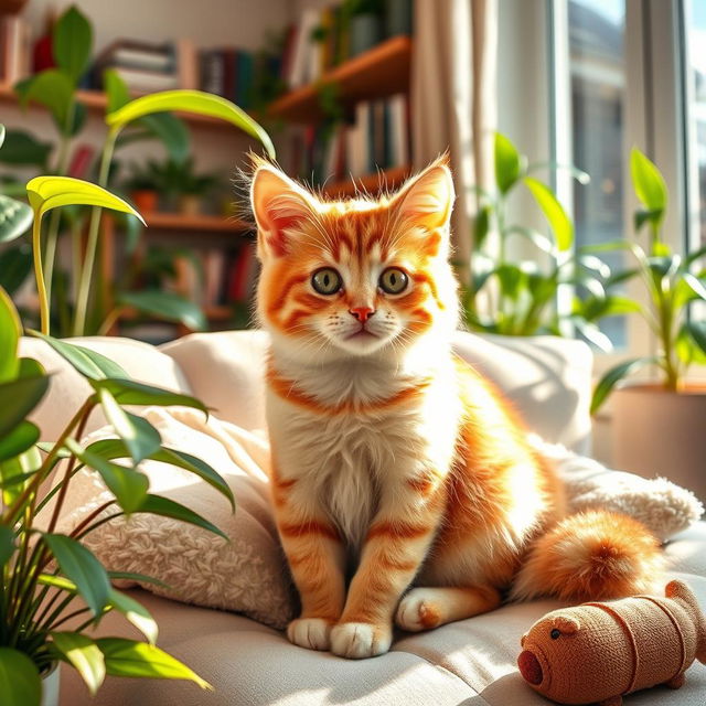 A cute cat sitting comfortably on a fluffy pillow, surrounded by vibrant indoor plants