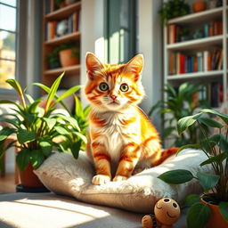 A cute cat sitting comfortably on a fluffy pillow, surrounded by vibrant indoor plants