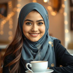 A close-up portrait of a young beautiful woman with an alluring smile, sitting at a cozy café